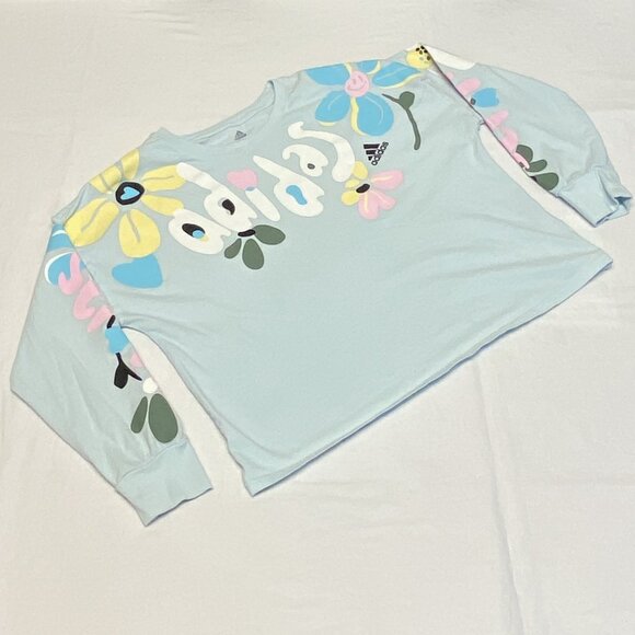 Adidas Girls M Flower Power Blue Long Sleeve Tee Shirt Floral Hearts Graphic Top - Picture 9 of 12